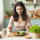 DALLE 2024 06 09 204302 A woman eating a diet meal in a wide frame aspect ratio The setting is a cozy kitchen with pastel tones featuring a well prepared healthy meal on t 80x80